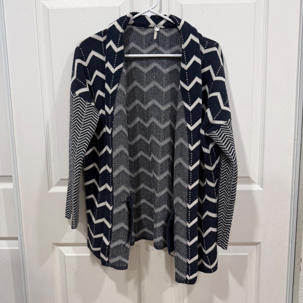 Margaret O'Leary Navy White Chevron Cotton Open Front Cardigan Sweater M